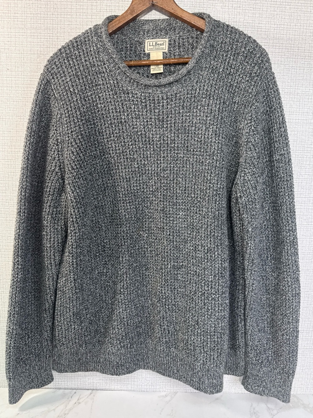 LL Bean Roll Neck Sweater L Large Grey Organic Cotton Knit Fisherman 509337 Mens